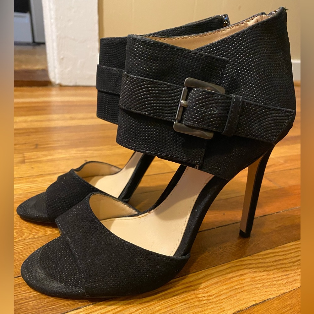 Black, Vince Camuto open-toe heels. Soft suede. Women’s 4.5